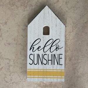 2 New! "Hello Sunshine" Wood & Metal House Shaped Sign Decor Yellow White